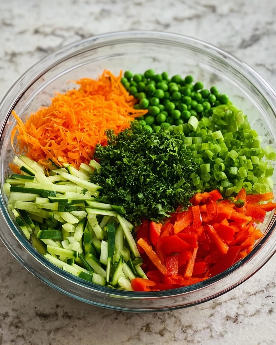 A clear glass bowl sits on a white marbled surface filled with six colorful layers of fresh vegetables arranged neatly. Starting from the left, there are thin strips of green cucumber followed by small bright orange carrot shreds. Next, there are vibrant green peas in the middle, with finely chopped dark green parsley on their right. To the far right, thin red bell pepper strips and fresh green sliced scallions are arranged. Each vegetable layer shows its natural texture and bright color, creating a fresh and clean look. photo taken with an iphone --ar 4:5 --v 7