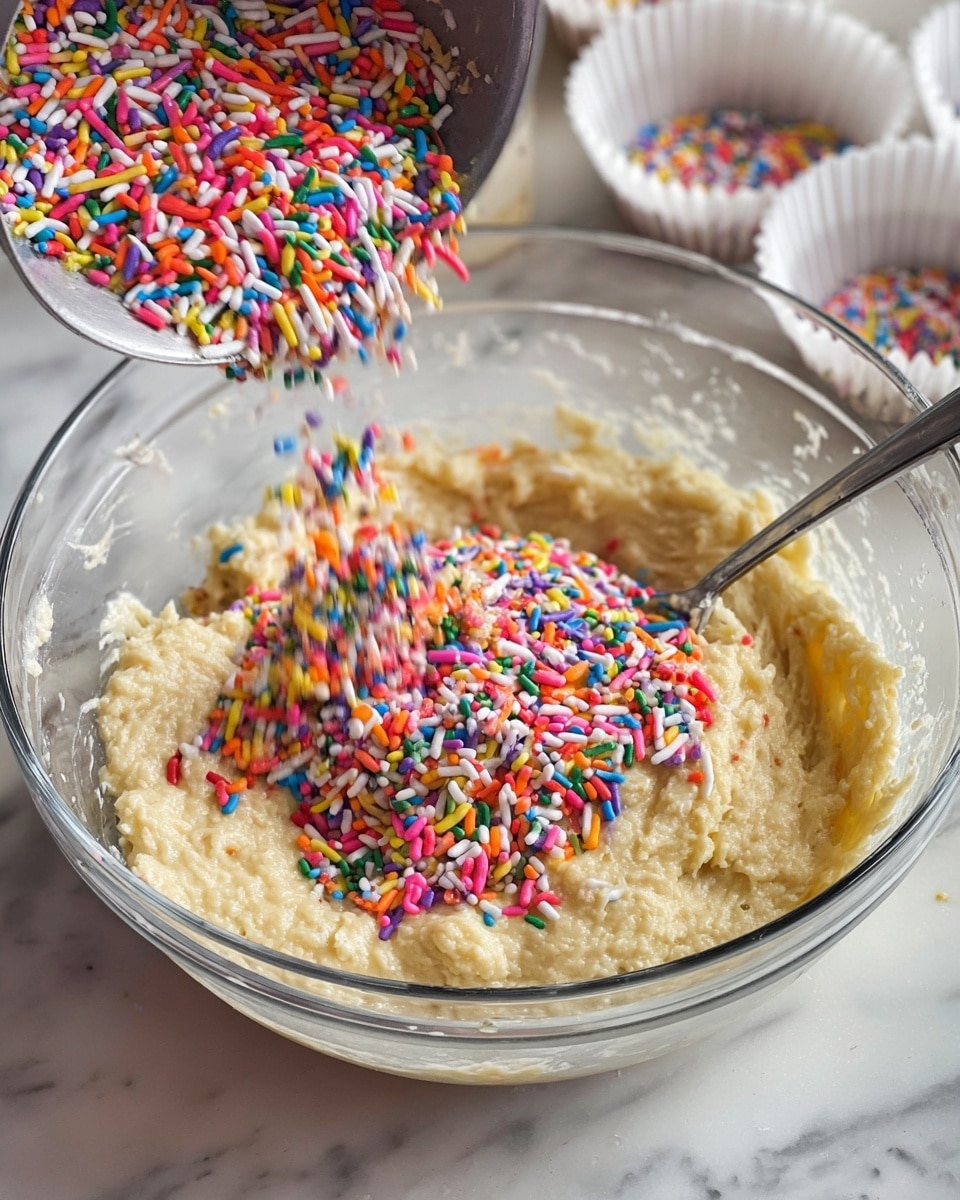 A clear glass bowl filled with thick, pale yellow batter with a slightly lumpy texture sits on a white marbled surface. On top of the batter is a colorful pile of long, thin rainbow sprinkles in colors like red, orange, pink, green, purple, white, and blue. A metal measuring cup is pouring more sprinkles into the bowl from above, and a spoon rests inside the batter near the edge of the bowl. In the background, white cupcake liners can be seen nearby. Photo taken with an iphone --ar 4:5 --v 7