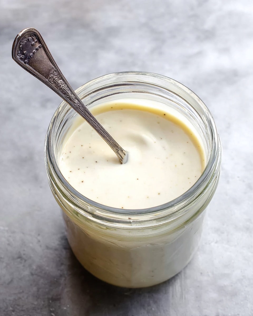 A clear glass jar is filled almost to the top with a smooth, creamy white sauce that has a few tiny specks of seasoning scattered throughout. The surface of the sauce is even and shiny, showing a thick but pourable texture. A vintage silver spoon with ornate detailing rests inside the jar, its handle tilted slightly to the side and the spoon part submerged in the sauce. The jar sits on a white marbled surface, giving a clean and fresh look to the background. photo taken with an iphone --ar 4:5 --v 7