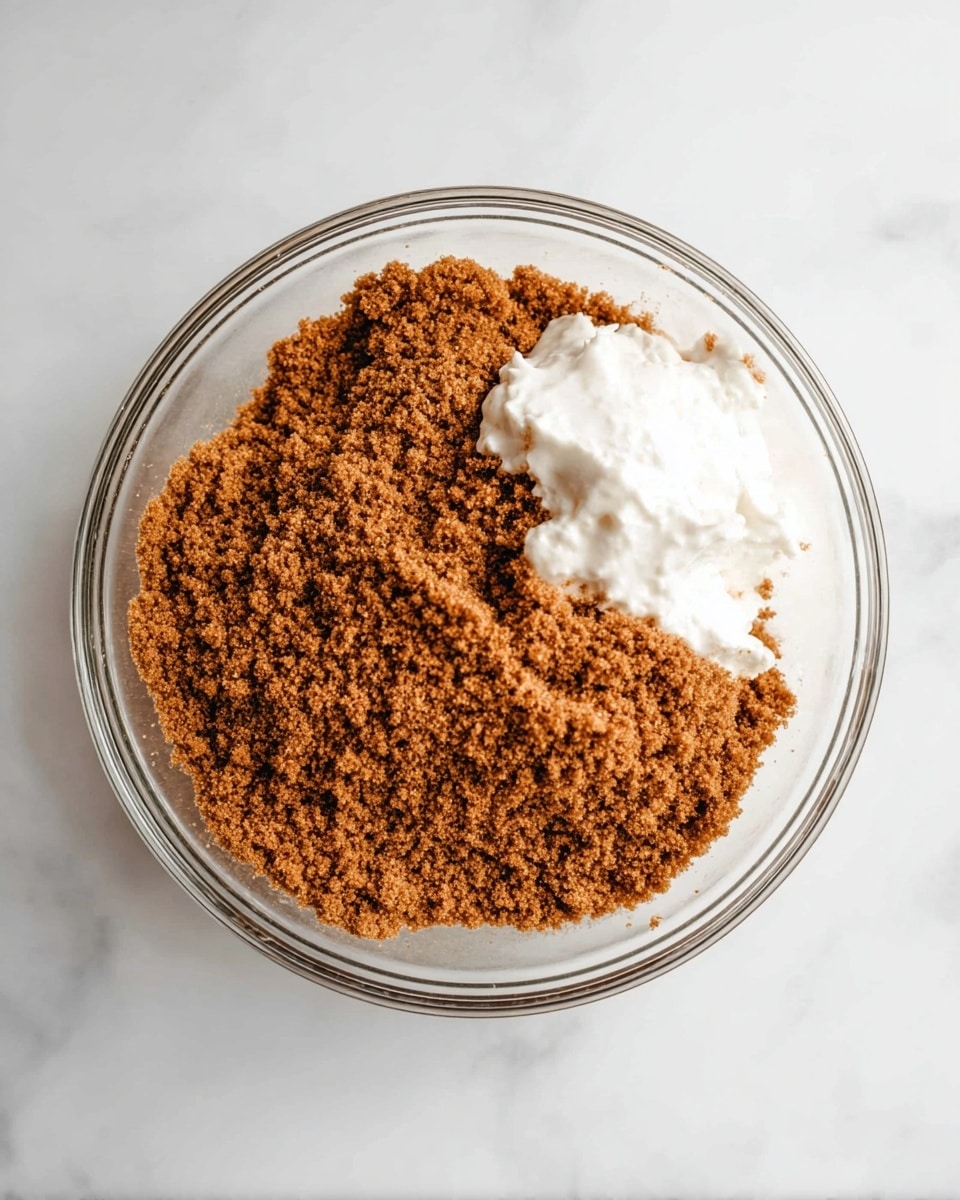 A clear glass bowl filled mostly with a layer of fine, brown crumbly mixture and topped on one side with a small amount of thick white creamy substance, all placed on a white marbled surface. Photo taken with an iphone --ar 4:5 --v 7