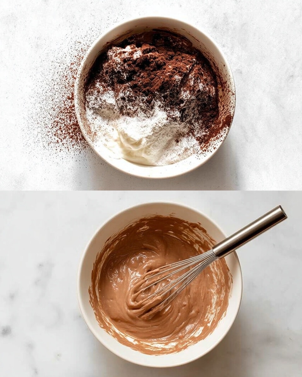 A white bowl on a white marbled surface filled with mixed dessert ingredients before blending. The bottom layer shows thick white cream, partially covered by dark brown cocoa powder and lighter dustings of powdered sugar sprinkled on top. The next image shows a white bowl on the same white marbled surface filled with smooth, creamy light brown chocolate mixture being mixed with a whisk in the bowl. Photo taken with an iphone --ar 4:5 --v 7