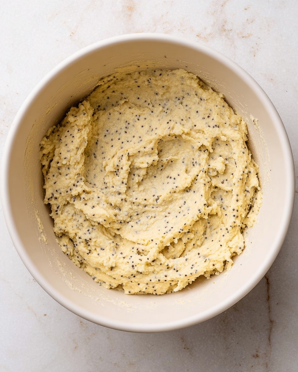 A bowl filled with a single layer of pale yellow dough speckled with many small black seeds, creating a grainy texture across the surface. The dough looks soft and thick, spread unevenly inside a smooth white bowl with rounded edges. The bowl sits on a white marbled surface, and the dough shows some creases and gentle lumps, giving it a natural, fresh look. photo taken with an iphone --ar 4:5 --v 7