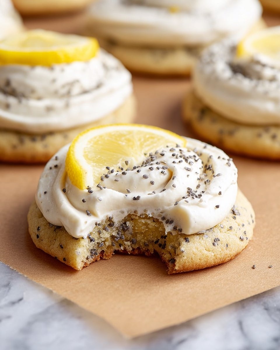 The image shows a close-up of a soft, round cookie with a slightly golden base embedded with small black seeds. On top is a thick layer of smooth white cream, piped in a circular pattern. The cream is sprinkled with small black seeds, matching those in the cookie. A thin slice of bright yellow lemon with a shiny texture sits on the cream, adding a fresh pop of color. There is a bite taken out of the front cookie, revealing the light and soft inside. The cookies rest on light brown paper, with more cookies slightly blurred in the background, all on a white marbled surface. photo taken with an iphone --ar 4:5 --v 7