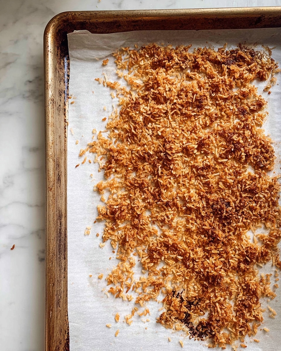 A large metal baking tray with browned, crispy rice crumbs spread unevenly on a piece of white parchment paper resting inside. The rice crumbs have a mix of light golden brown to darker toasted colors, with some small clusters and scattered grains around the edges. The background is a white marbled surface showing through around the tray. photo taken with an iphone --ar 4:5 --v 7