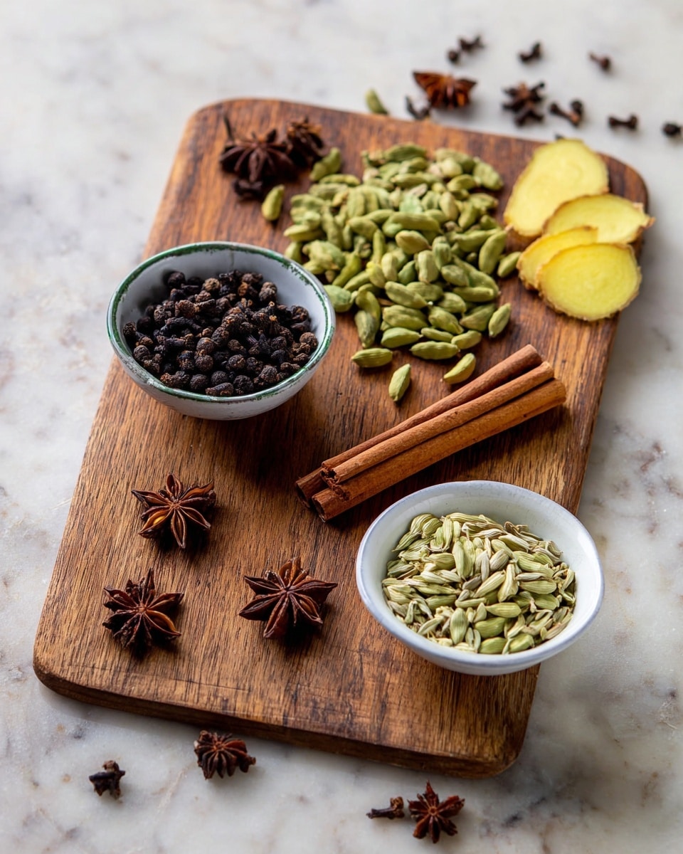 A wooden board is placed on a white marbled surface, holding several spices arranged in a neat group. At the left side of the board, a small bowl filled with dark brown cloves is shown. Next to it, there is a pile of light green cardamom pods directly on the board. Toward the center, a small cluster of cinnamon sticks lays horizontally, with a star anise placed in front of them. On the right side of the board, some thin slices of yellowish ginger root rest flat. In front of the board, a white bowl filled with light green fennel seeds sits on the white marbled surface. Additional star anise pieces are scattered loosely on the white marbled background around the board. Photo taken with an iphone --ar 4:5 --v 7
