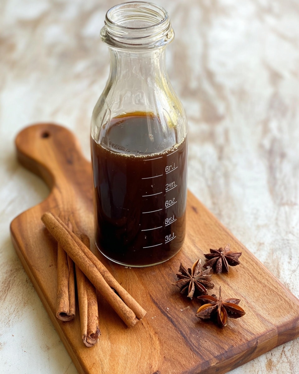 A clear glass bottle with measurement marks filled halfway with dark brown liquid sits on a wooden board. On the board, there are two cinnamon sticks on the left side of the bottle, lying flat, and three star anise pieces arranged near the bottom right corner of the bottle. The background is a white marbled texture. Photo taken with an iphone --ar 4:5 --v 7