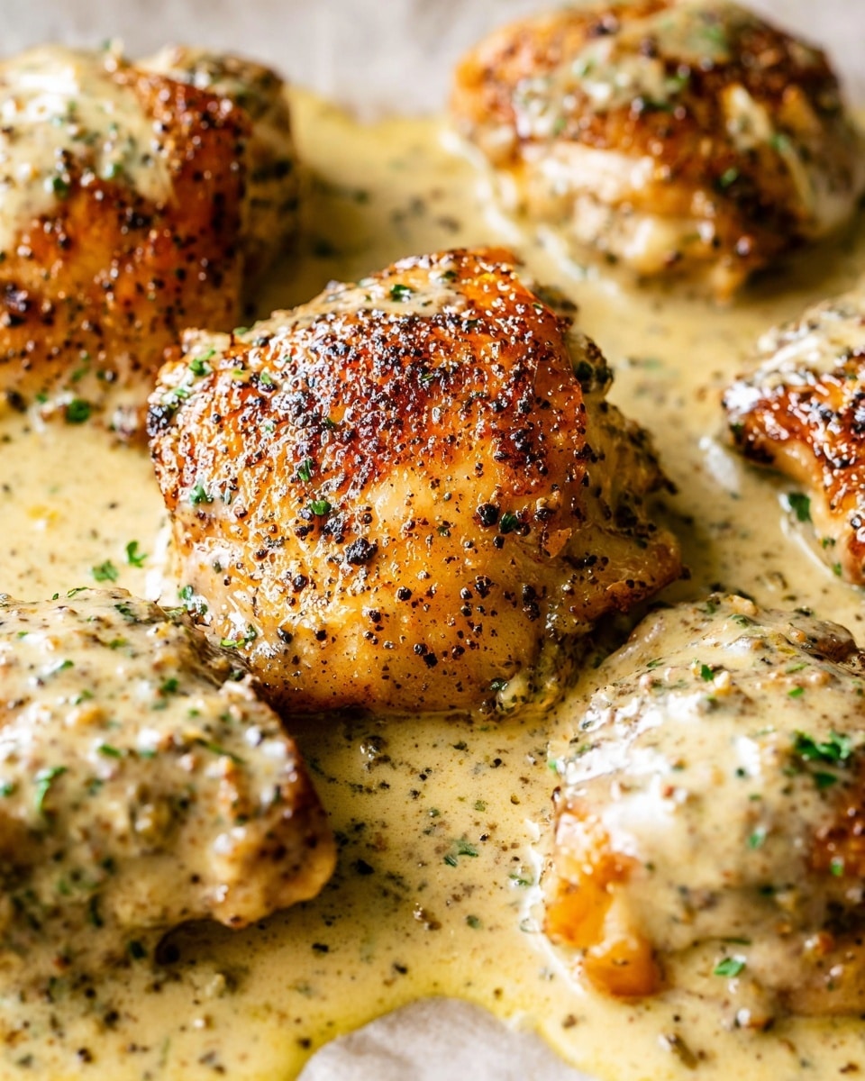 The image shows several pieces of golden brown cooked chicken thighs arranged closely, covered in a thick, creamy sauce that is light beige with visible herbs and small bits of garlic. The chicken has a textured, seared surface with black pepper and green herb sprinkles, giving it a flavorful and juicy look. The creamy sauce pools lightly around the chicken, creating a smooth, moist appearance. The background is a white marbled texture. photo taken with an iphone --ar 4:5 --v 7