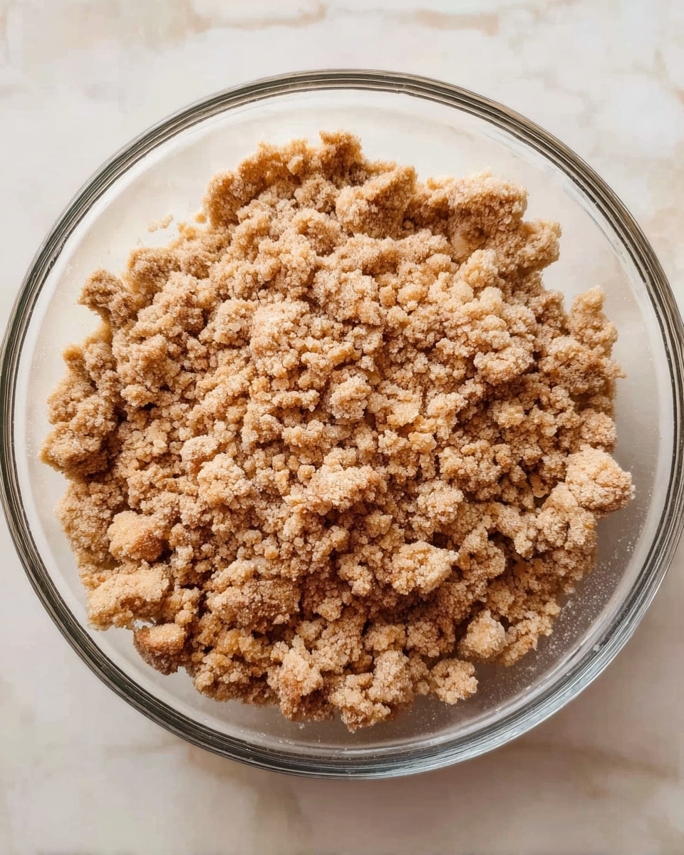 A clear glass bowl filled with a single layer of crumbly, light brown streusel topping with a rough texture and small clumps, sitting on a white marbled surface. Photo taken with an iphone --ar 4:5 --v 7