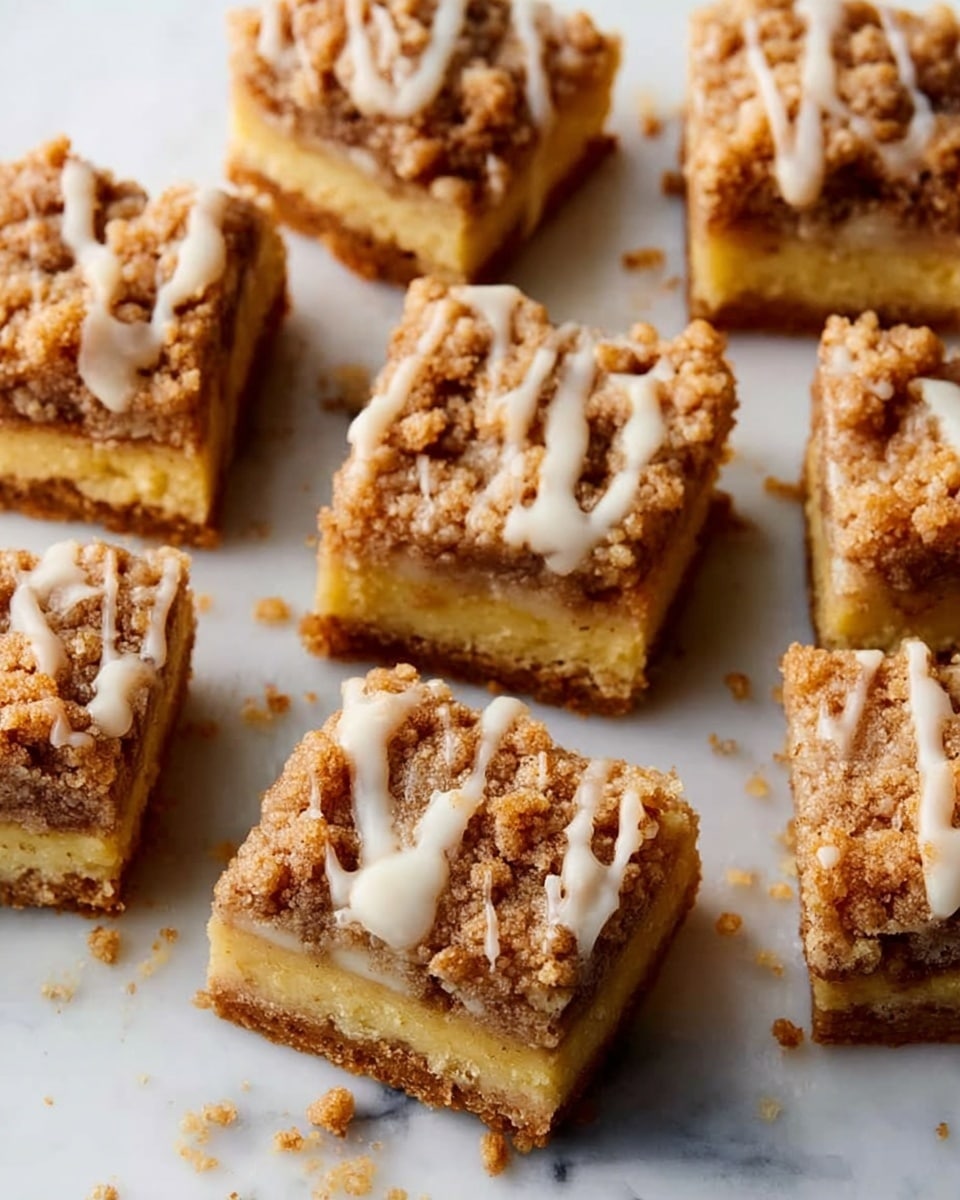 The image shows several square pieces of a dessert arranged on a white marbled surface. Each piece has three clear layers: a thick, light yellow bottom layer with a soft texture; a crumbly, golden brown middle layer with a rough texture that looks like streusel; and a thin drizzle of creamy white icing on top. The pieces are closely placed with some crumbs scattered around them. Photo taken with an iphone --ar 4:5 --v 7