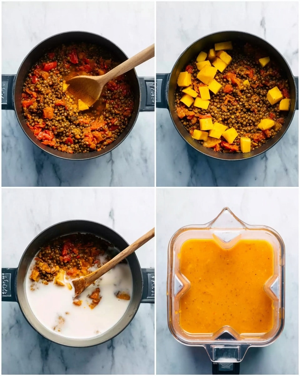 A black pot is shown in four different views on a white marbled surface. In the first view, the pot contains a mix of cooked lentils, diced tomatoes, and some yellow squash on top, with a wooden spoon resting inside. The second view shows the ingredients mixed with the yellow squash scattered across the dish. The third view shows the pot with a white liquid, likely coconut milk, added over the ingredients, with the wooden spoon still inside stirring the mix. The fourth view displays a clear blender container filled with a smooth orange liquid, likely the blending of the cooked ingredients. photo taken with an iphone --ar 4:5 --v 7
