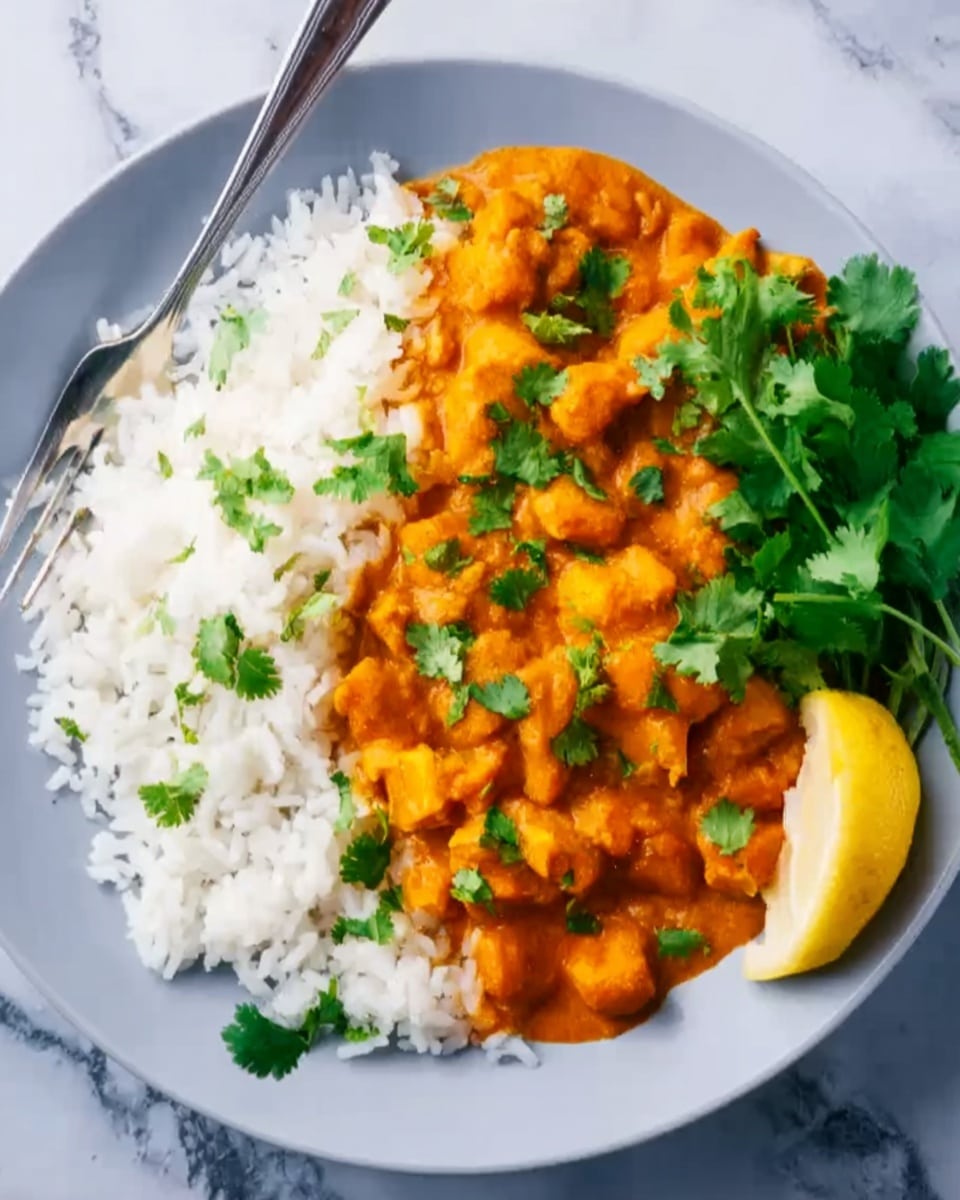 A white round plate holds a serving of white rice on the left side, with rich orange curry covering a mix of small chopped pieces on the right side. On the lower right edge of the plate, there is a bright green bunch of cilantro next to a yellow lemon wedge. A silver fork is placed on the upper right of the plate, partly resting on the curry. The plate sits on a white marbled surface. photo taken with an iphone --ar 4:5 --v 7