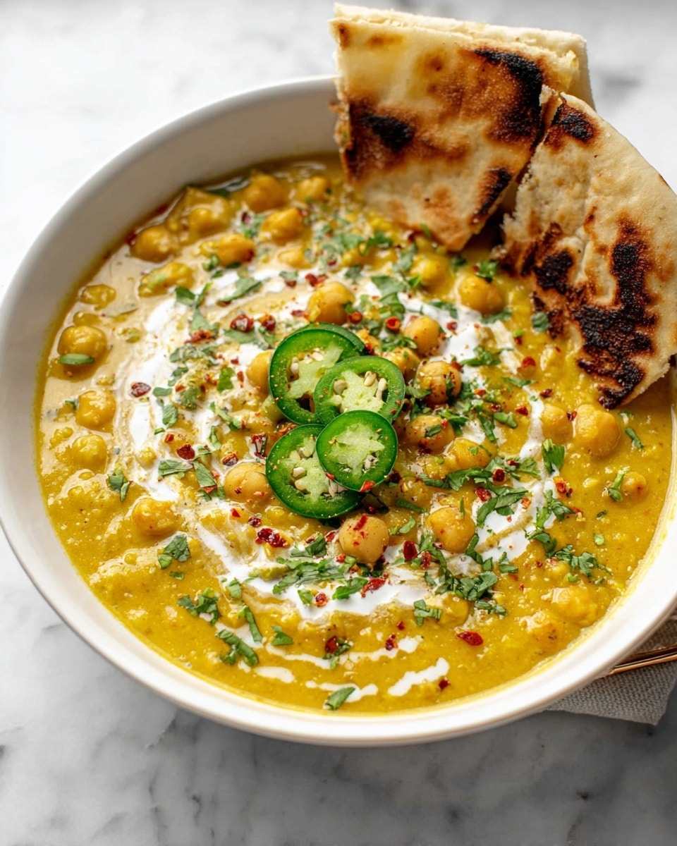 A white bowl filled with a thick yellow chickpea stew that has a creamy texture and small chickpeas visible throughout. On top, there is a swirl of white cream, some chopped green herbs, red chili flakes, and three thin slices of green jalapeño peppers in the center. Two pieces of toasted flatbread rest at the side inside the bowl, showing a toasted brown color. The bowl sits on a white marbled surface with a soft natural light. photo taken with an iphone --ar 4:5 --v 7