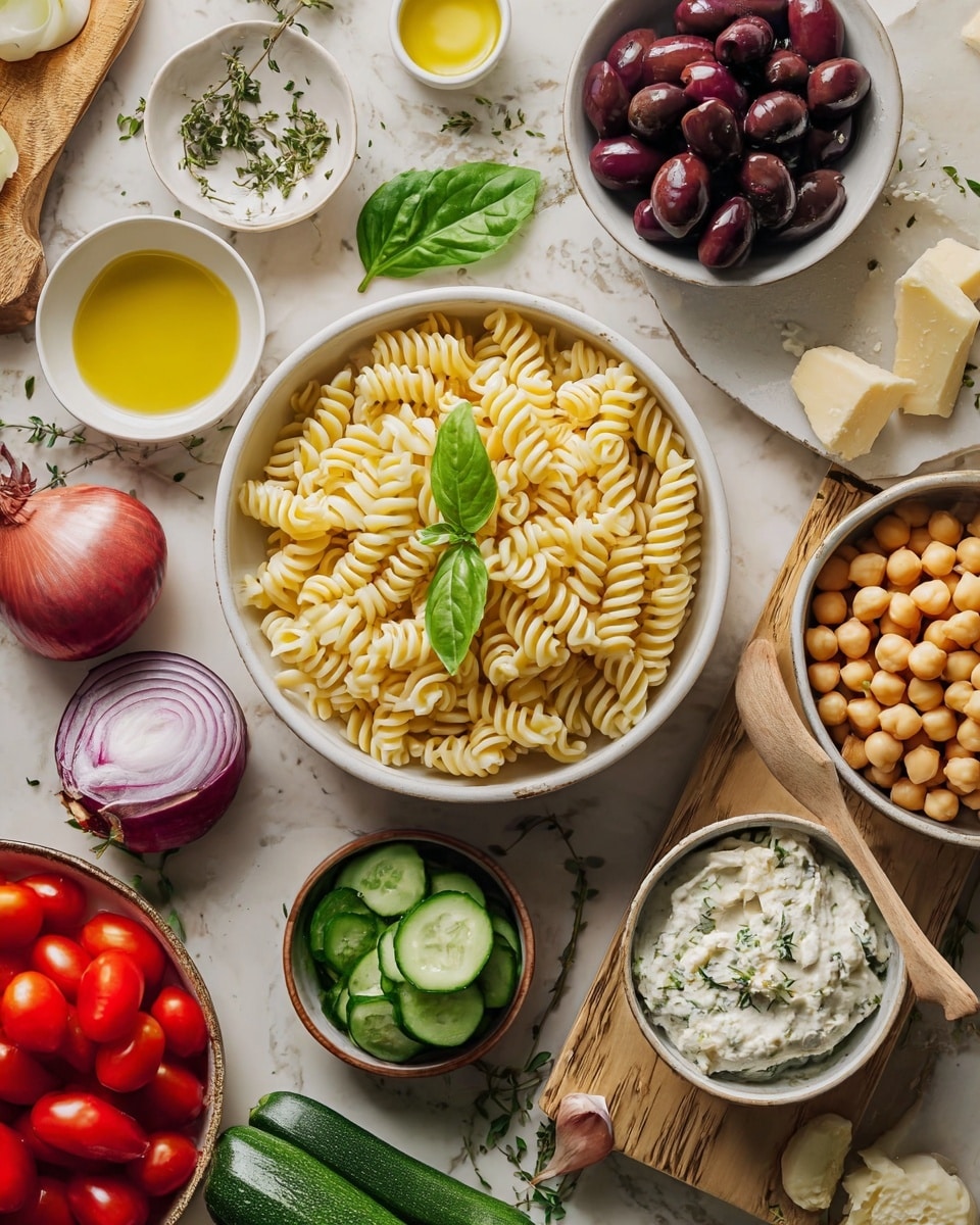 A top-down view of several white bowls arranged on a white marbled surface. The largest bowl is filled with pale yellow spiral pasta garnished with a small green basil leaf placed in the center. To the right, a smaller bowl contains dark purple olives, and below it, another bowl holds beige chickpeas. Next to the olives is a dish with a creamy white sauce mixed with small green herbs and a wooden spoon resting in it. Below and to the left of the pasta, a small bowl contains sliced green cucumber. Near the bottom left corner, a bowl is full of bright red cherry tomatoes. Around the bowls are additional ingredients including a half red onion, a whole red onion, a bulb of garlic, a half green cucumber, a small dish of yellow olive oil, some fresh green herbs, and pieces of white cheese with herbs. photo taken with an iphone --ar 4:5 --v 7