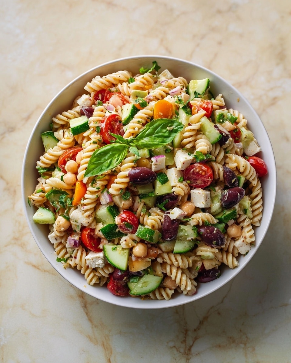 A white bowl is filled with a mixed pasta salad with spiral pasta forming the base layer, creamy beige in color and soft in texture. Mixed throughout are chopped green cucumber slices with dark green skin, small bright red and orange cherry tomato halves, and diced white cheese cubes adding a firm texture. There are also dark purple sliced olives, light brown chickpeas, and small bits of red onion scattered evenly. Fresh green herbs like basil leaves and parsley sprigs are placed on top, adding a fresh, leafy look. The bowl sits on a white marbled surface. Photo taken with an iphone --ar 4:5 --v 7