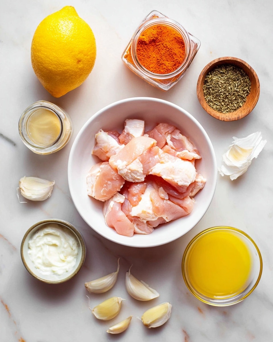 The image shows a white bowl filled with raw, pale pink chicken pieces placed on a white marbled surface. Around it, there are six smaller containers and items arranged: a whole lemon with bright yellow skin, a clear glass jar filled with bright orange-red powder, a wooden bowl with dried green herbs, a small glass bowl holding a thick white cream, a small white bowl with light golden honey, and another small white bowl containing yellow olive oil. Three garlic cloves in pale skin are scattered near the chicken bowl. The light is soft, showing details of each ingredient clearly. photo taken with an iphone --ar 4:5 --v 7