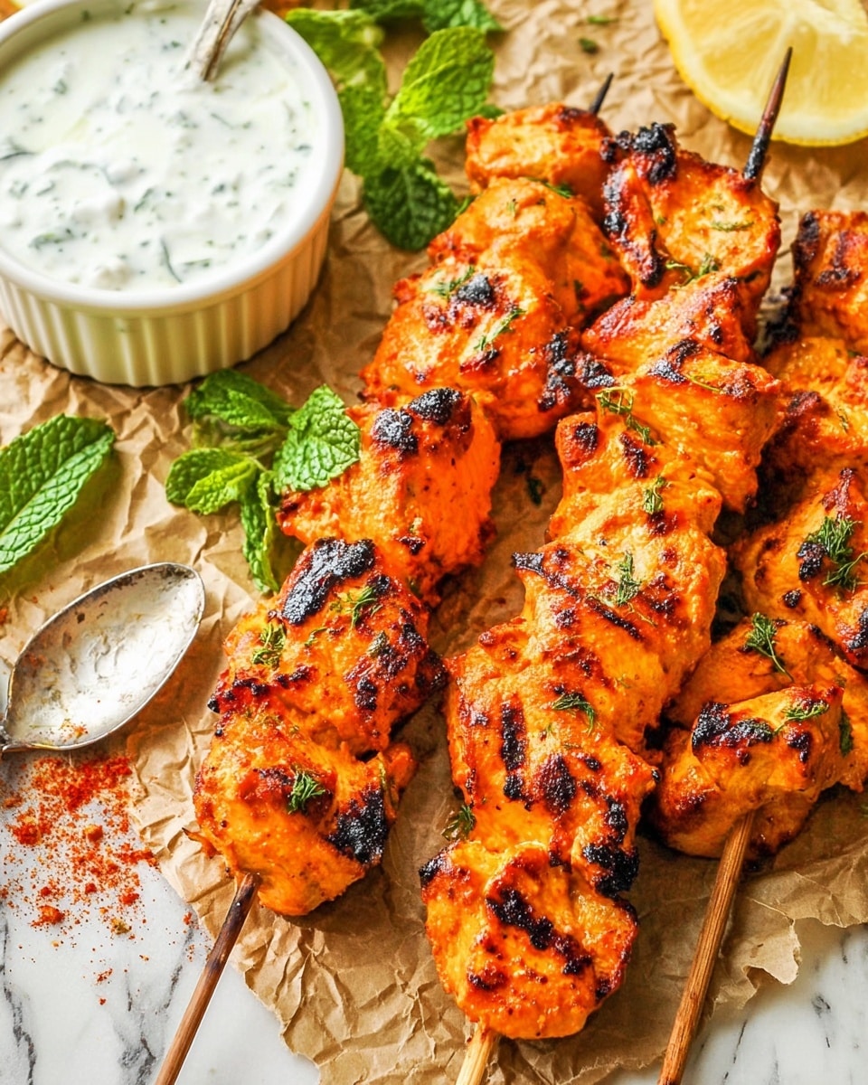 The image shows three wooden skewers with grilled chicken pieces arranged closely on crumpled brown paper over a white marbled surface. The chicken is golden-orange with visible char marks in dark brown and black, giving a slightly crispy texture. A small white ramekin filled with creamy white sauce speckled with green herbs is placed in the top left corner, next to fresh green mint leaves. A silver spoon lies below the ramekin with some sauce on it and a sprinkle of red seasoning around it. There are also thin slices of lemon partially visible near the top and bottom edges of the skewers. photo taken with an iphone --ar 4:5 --v 7