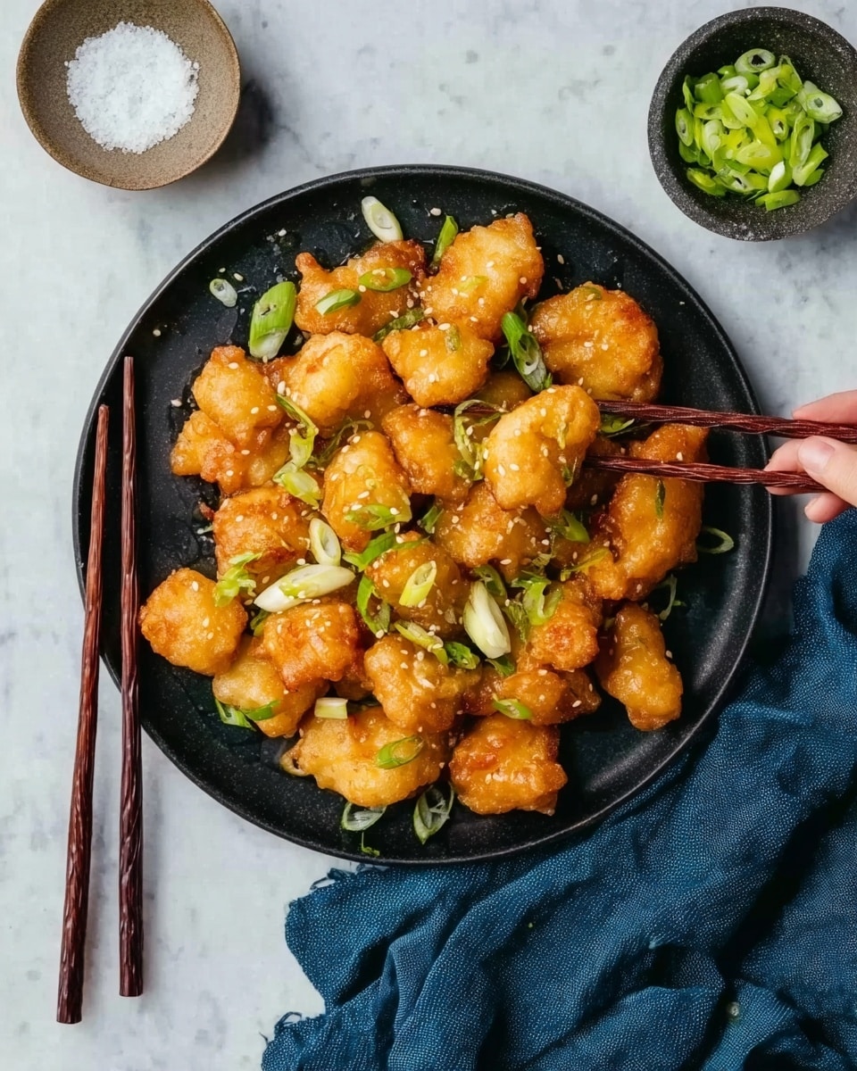 A black plate holds about twenty golden-brown fried pieces that are shiny from a sauce, each piece irregular in shape and roughly bite-sized. Light green sliced scallions are scattered across the top and plate, adding color contrast. On the left, a pair of dark brown chopsticks rests on the edge of the plate, with a woman's hand holding one chopstick. Above the plate, there are two small round bowls one filled with coarse sea salt and the other with more green sliced scallions. The surface below everything is a white marbled texture, and a crumpled blue cloth lies to the bottom right of the plate. photo taken with an iphone --ar 4:5 --v 7