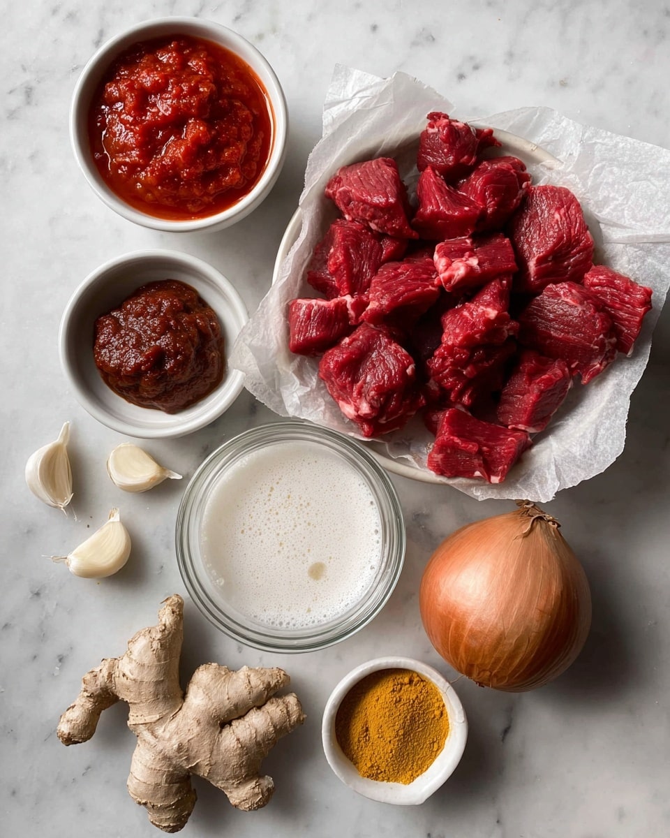 The image shows a collection of raw ingredients arranged on a white marbled surface. At the center right, there is a white bowl lined with parchment paper filled with deep red chunks of raw beef. At the top left, a small white bowl holds a chunky bright red tomato sauce. Below it, there is a whole brown onion resting on the surface. In the center, a clear glass bowl contains a white, creamy liquid with a slightly bubbly texture. To the left of that, a small white dish has a thick, dark red paste. At the bottom left, a piece of fresh ginger root is placed next to several peeled cloves of garlic scattered on the surface. On the bottom right, another small white dish contains a bright yellow powdered spice. The overall look is neat and ready for cooking. photo taken with an iphone --ar 4:5 --v 7