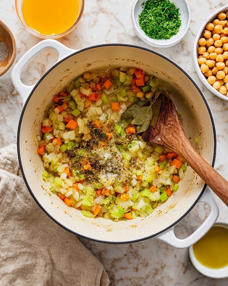 A large white cooking pot with two handles is shown from above, containing a mix of diced onions, carrots, and celery sautéed at the bottom, with spices and a bay leaf placed on top in the center. The vegetables are light yellow, green, and orange, while the spices add small dark and white specks. A wooden spoon with some diced onions rests inside the pot. Around the pot, on a white marbled surface, are a white bowl filled with chickpeas on the right, a small bowl of chopped green herbs on the left, a small white bowl with olive oil at the bottom right, and a glass of orange juice at the upper left. A folded beige linen cloth is beside the pot on the bottom left. Photo taken with an iphone --ar 4:5 --v 7