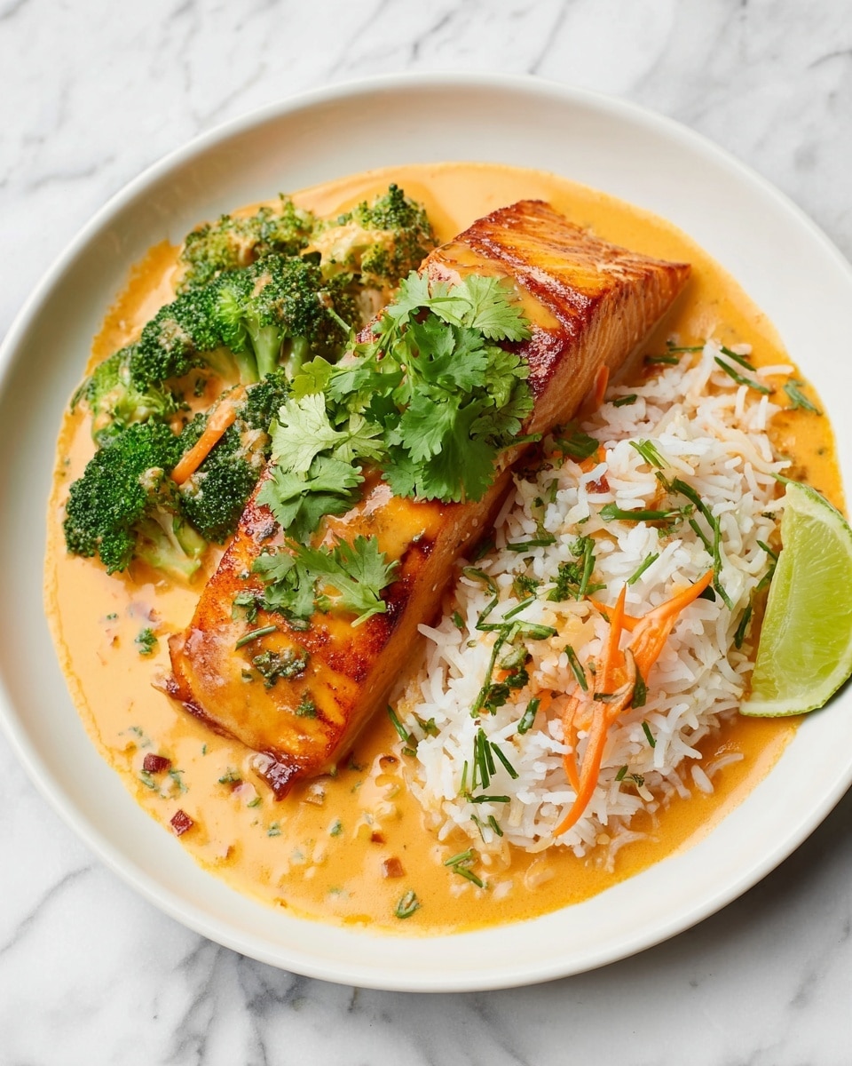 A large piece of golden-brown grilled salmon topped with fresh green cilantro leaves sits on the left side of a white plate; beneath and around the salmon is a creamy orange sauce with visible small bits of ingredients. Next to the salmon is a serving of fluffy white rice mixed with thin orange carrot strips and chopped green herbs, with a green lime wedge placed at the bottom right edge of the rice. Bright green steamed broccoli florets are placed between the salmon and rice, partially covered by the sauce. The plate rests on a white marbled surface. photo taken with an iphone --ar 4:5 --v 7