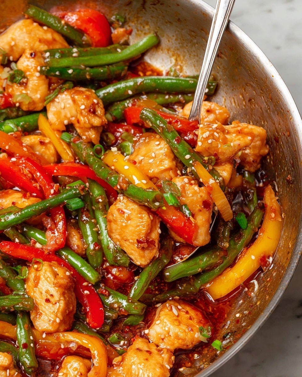 The image shows a close-up of a stainless steel pan filled with a colorful stir-fry dish. The dish has several layers, starting with bite-sized pieces of golden brown cooked chicken scattered throughout. Around and mixed with the chicken are thin strips of red and yellow bell peppers that add bright color. There are also crisp green beans that are long and slightly glossy from the sauce covering everything. The sauce looks thick and shiny with a reddish-orange tint and small bits of spices mixed in. White sesame seeds and small bits of green onion pieces are sprinkled on top, adding texture and color contrast. A shiny metal spoon is holding a mix of chicken, green beans, and bell pepper, showing the vibrant layers up close. The pan sits on a white marbled surface. Photo taken with an iphone --ar 4:5 --v 7