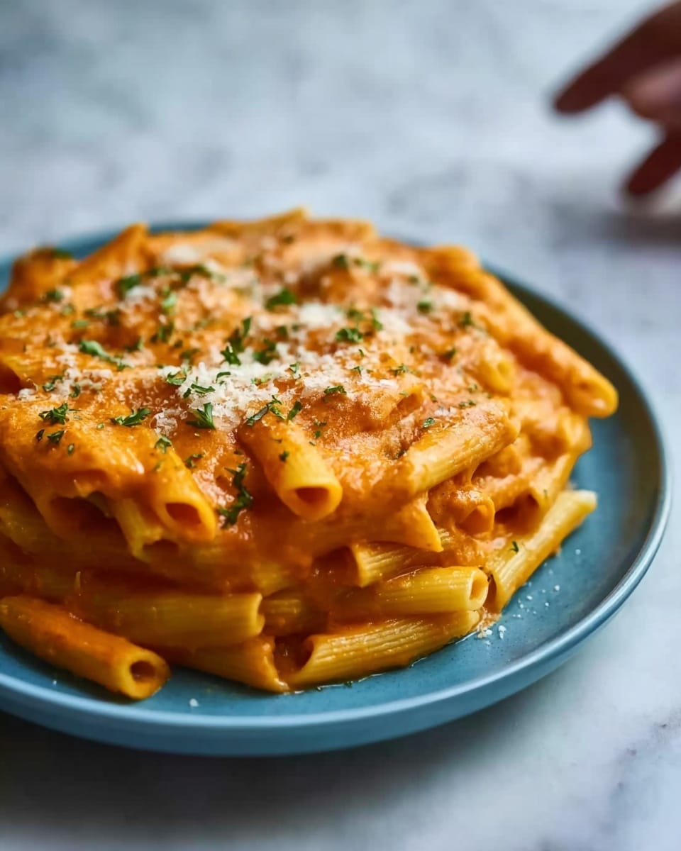 The image shows a blue round plate filled with penne pasta covered in creamy orange sauce. The pasta is arranged in a layered pile with smooth, tubular shapes visible on the bottom and middle layers. The top layer has sauce with a slightly thicker texture that looks rich and shiny, sprinkled with small green bits of herbs and a light sprinkle of grated cheese. The background is a white marbled surface, and a blurred woman's hand is reaching towards the plate from the side. Photo taken with an iphone --ar 4:5 --v 7
