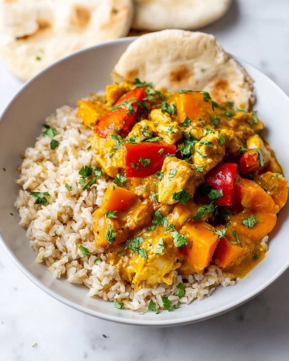 A white bowl on a white marbled surface holds a dish with three main layers: the base layer is light brown rice with a soft texture, the middle layer is a thick, yellow-orange curry sauce with juicy pieces of chicken and large chunks of bright orange sweet potatoes and red bell peppers, and the top layer is sprinkled with chopped fresh green herbs. To the side, there are two folded pieces of soft, light tan flatbread resting on the rice. Photo taken with an iphone --ar 4:5 --v 7