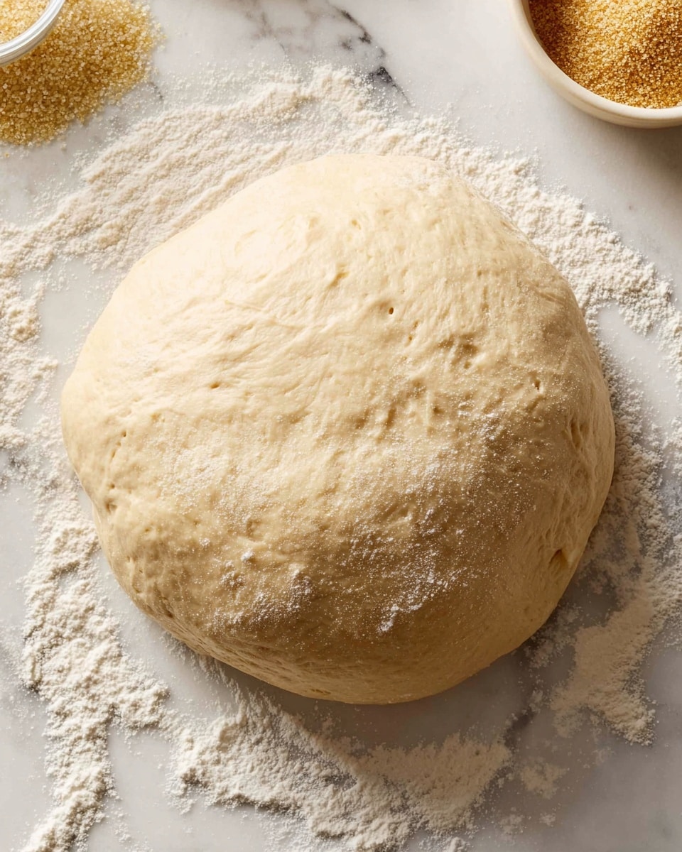 A single round ball of pale, slightly shiny bread dough rests on a white marbled surface dusted with flour. The dough looks smooth with small bubbles and indentations, showing a soft texture. Around the dough, there is a scattering of white flour and partially visible containers at the top edge, with one holding light brown sugar-like granules. The scene is simple and clean, focusing on the dough centered in the image. photo taken with an iphone --ar 4:5 --v 7