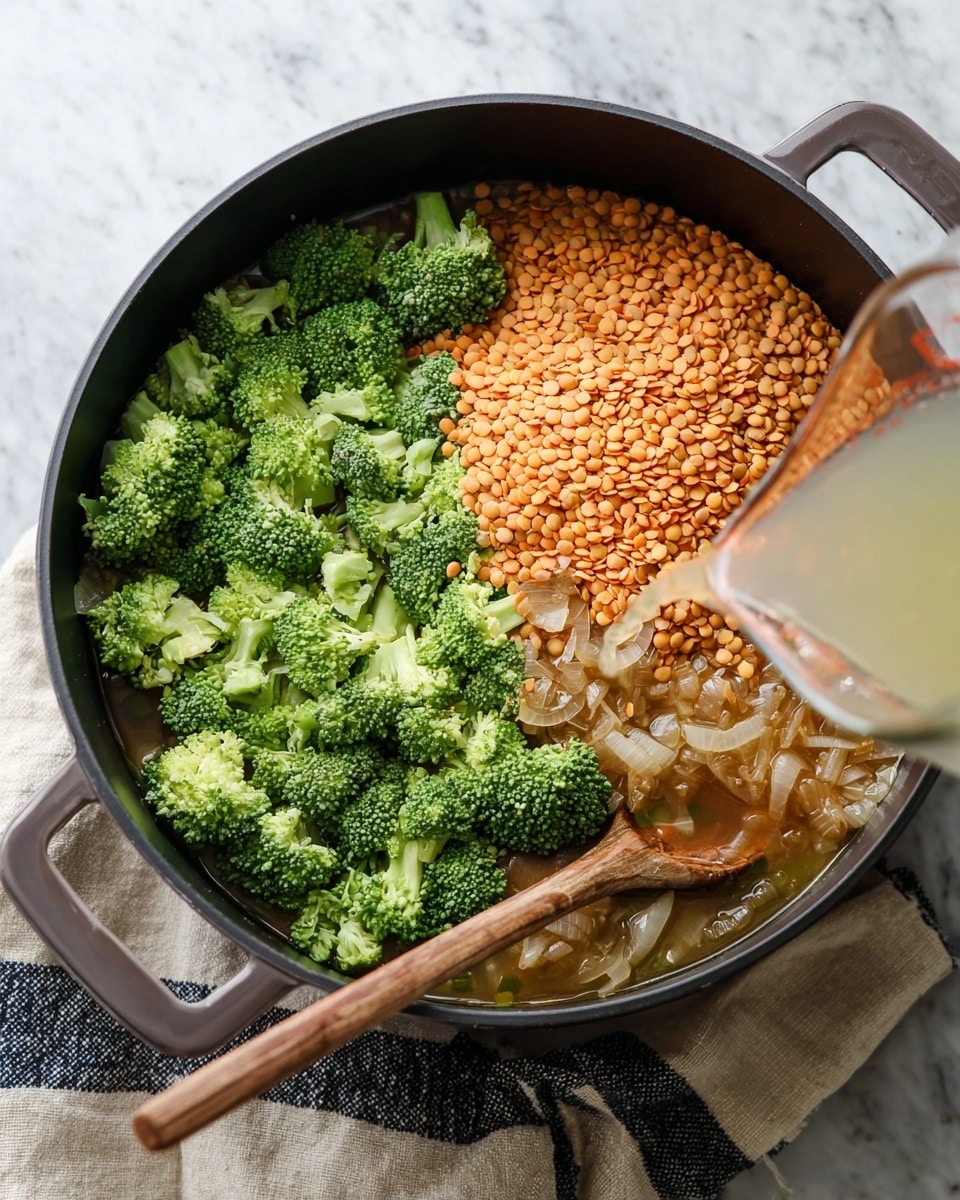 A black cooking pot is shown from above, filled with three visible layers of ingredients. On the bottom right, there is a layer of light brown cooked onions. On top of that, bright green broccoli florets cover most of the left side and some of the center. A large pile of small, round, orange lentils sits over the broccoli on the right side. A wooden spoon rests partly under the lentils with its handle extending toward the bottom edge. A clear liquid is being poured from a measuring cup into the pot from the left side. The pot is sitting on a white marbled surface with a beige cloth featuring blue and black stripes below it. Photo taken with an iphone --ar 4:5 --v 7