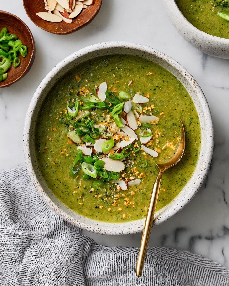 A white speckled bowl filled with a thick green soup with a textured surface, topped with thin white almond slices, bright green chopped scallions, and small yellow and brown seasoning flakes scattered evenly over the top, a golden spoon resting inside the soup on the left side of the bowl; near the bowl are small wooden bowls containing extra sliced almonds and scallions, all set on a white marbled surface with a striped gray and white cloth partially visible at the bottom, photo taken with an iphone --ar 4:5 --v 7