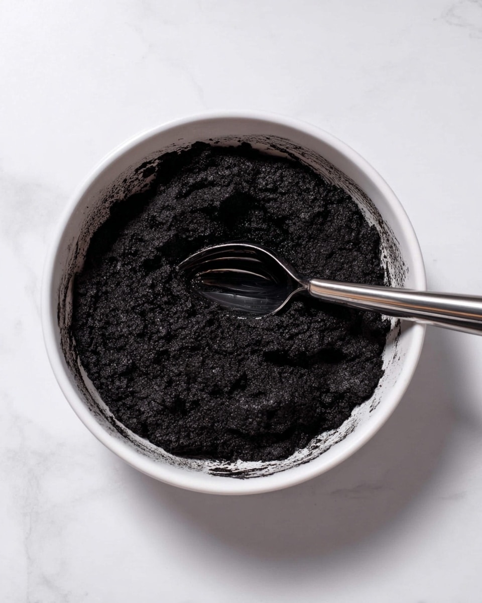 A white ceramic bowl filled with a thick, dark black paste with a rough texture. Two shiny metal scoops rest inside the bowl, partially covered by the paste. The bowl is placed on a white marbled surface, showing contrast between the dark mixture and the light background. photo taken with an iphone --ar 4:5 --v 7