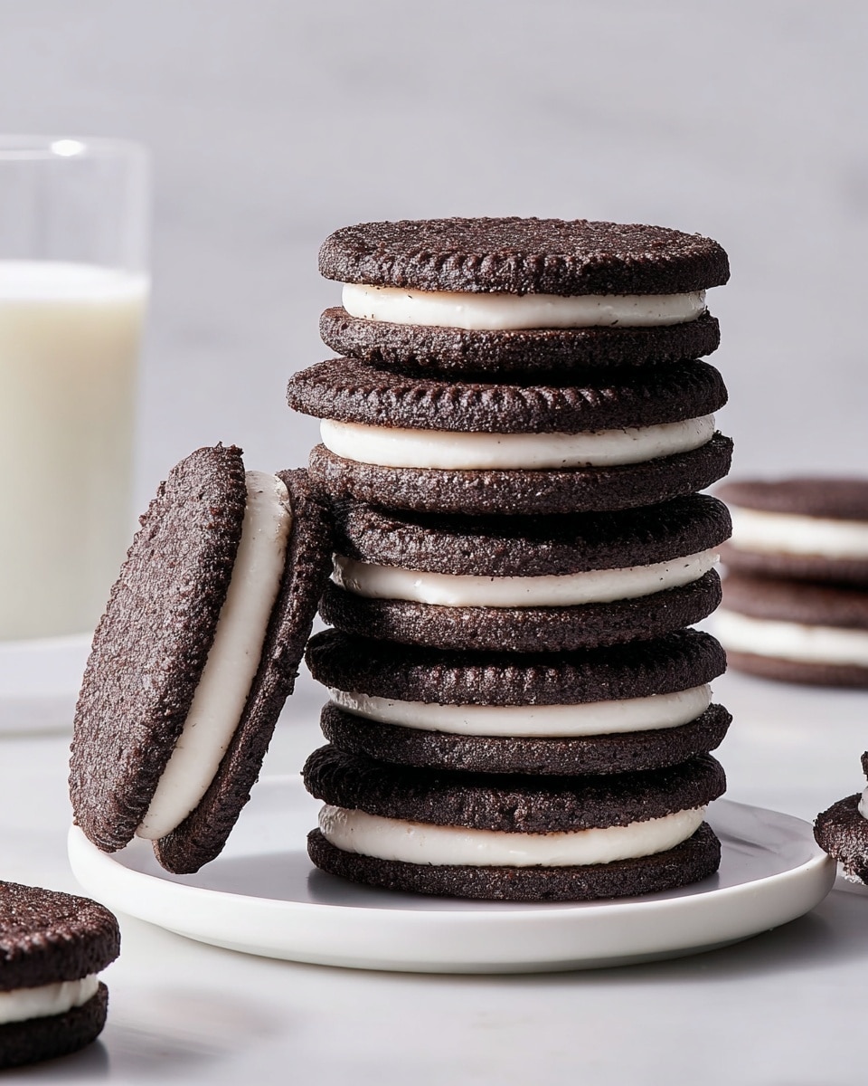 A stack of seven sandwich cookies sits on a white plate on a white marbled surface, each cookie made of two dark, textured chocolate layers with a smooth, thick white cream filling in the middle. One cookie leans against the stack, showing the same layers clearly. The background is simple and light, with a blurred glass of milk on one side and partial views of two more cookies on the edges. The colors are mainly dark brown for the cookies and bright white for the cream and plate, creating strong contrast. photo taken with an iphone --ar 4:5 --v 7
