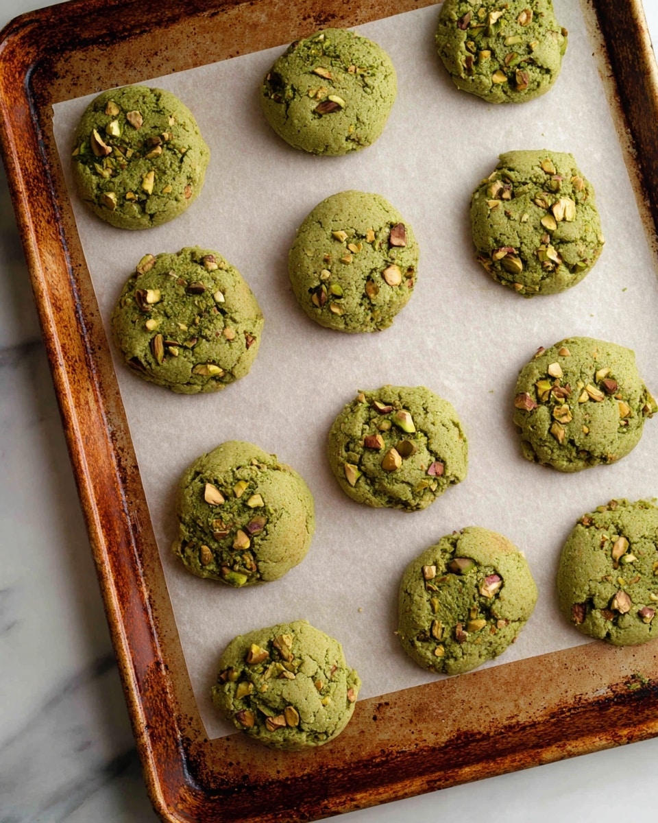 A baking sheet with a rusty brown edge is lined with white parchment paper, holding twelve round, green cookies. Each cookie is thick with a slightly cracked surface and speckled with uneven pieces of pistachio nuts that add texture and a mix of light brown and green colors on top. The cookies are spaced apart in an irregular pattern on the parchment, and the background shows a white marbled texture. photo taken with an iphone --ar 4:5 --v 7