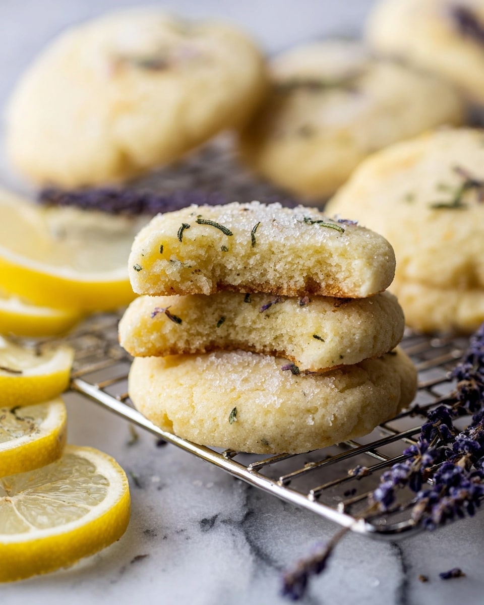 The image shows a close-up of soft, round lemon cookies with small bits of herbs inside. One cookie is broken into three layers, revealing a light, crumbly texture with sugar crystals on top. The cookies rest on a silver cooling rack placed over a white marbled surface. In the background, there are thin lemon slices and sprigs of dark purple lavender, adding color contrast to the pale cookies. The focus is on the front stacked pieces of cookie, with a soft blur on the rest of the scene. Photo taken with an iphone --ar 4:5 --v 7