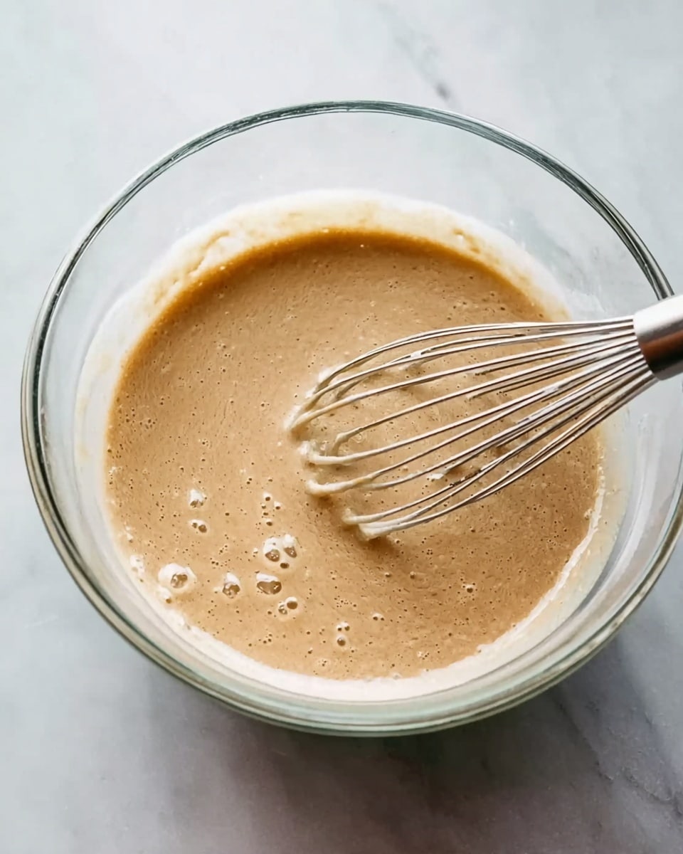 A clear glass bowl filled with light brown batter that has a slightly thick, smooth texture with small bubbles on the surface, showing it is being mixed by a metal whisk on the right side of the bowl; the bowl is placed on a white marbled surface. photo taken with an iphone --ar 4:5 --v 7