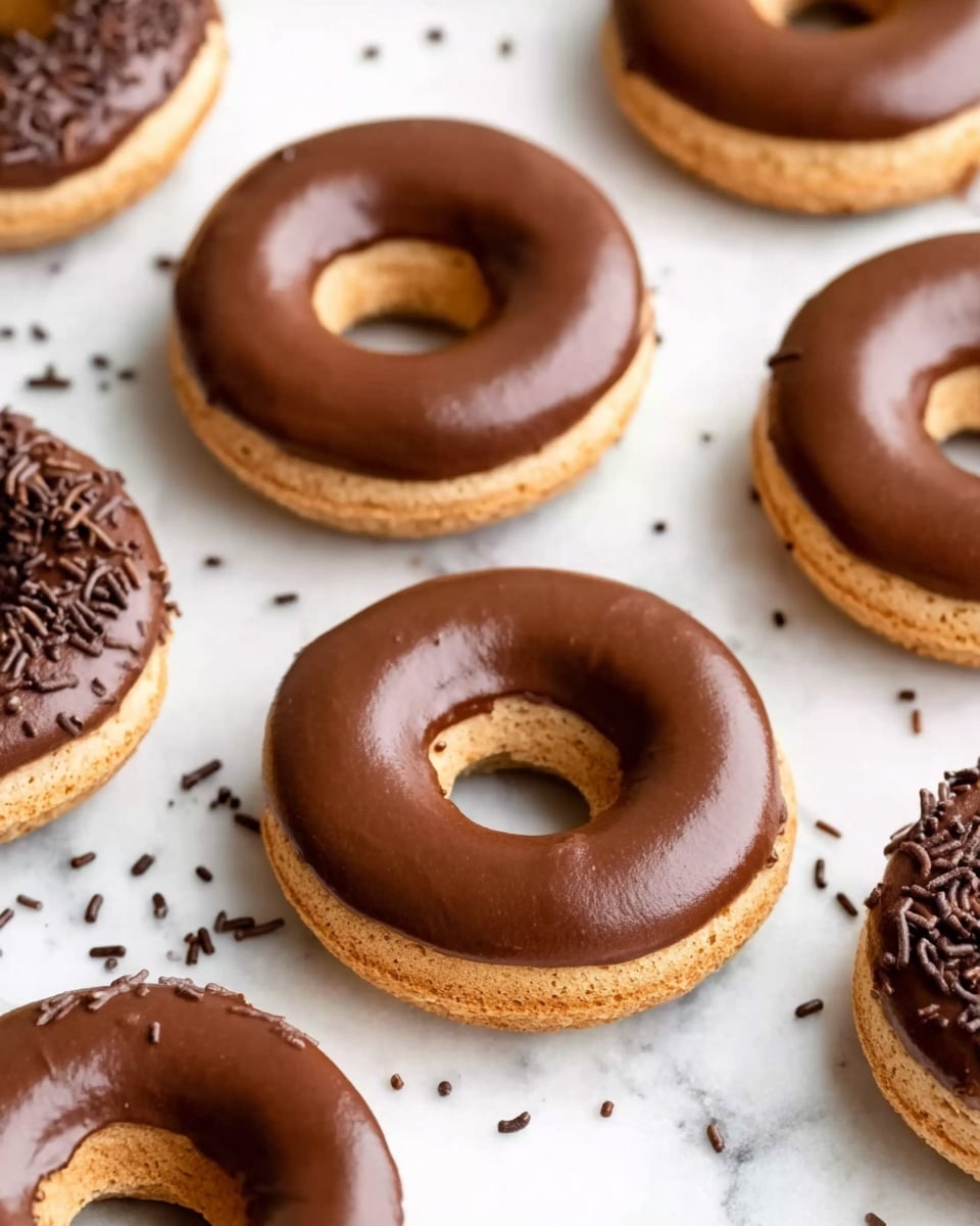 The image shows several round donuts with a smooth brown chocolate layer on top, covering the entire upper surface of each donut. The base of the donuts is light golden brown with a soft, slightly crumbly texture, and each donut has a hole in the center. The donuts are placed on a white marbled surface with scattered small dark chocolate sprinkles around them. The overall look is clean and simple, highlighting the contrast between the light donut base and the glossy chocolate topping. Photo taken with an iphone --ar 4:5 --v 7