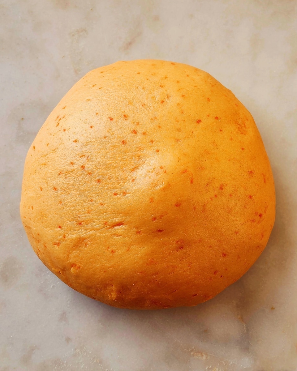 A smooth, round dough ball with a light orange color sits alone on a white marbled surface. The dough looks soft and slightly shiny with small, faint spots of deeper orange scattered gently across its surface. The texture appears smooth but a bit thick, and the dough has a small indentation near the center, giving it a slightly flattened look on top. The edges of the dough round out softly, suggesting it is fresh and well-kneaded. photo taken with an iphone --ar 4:5 --v 7
