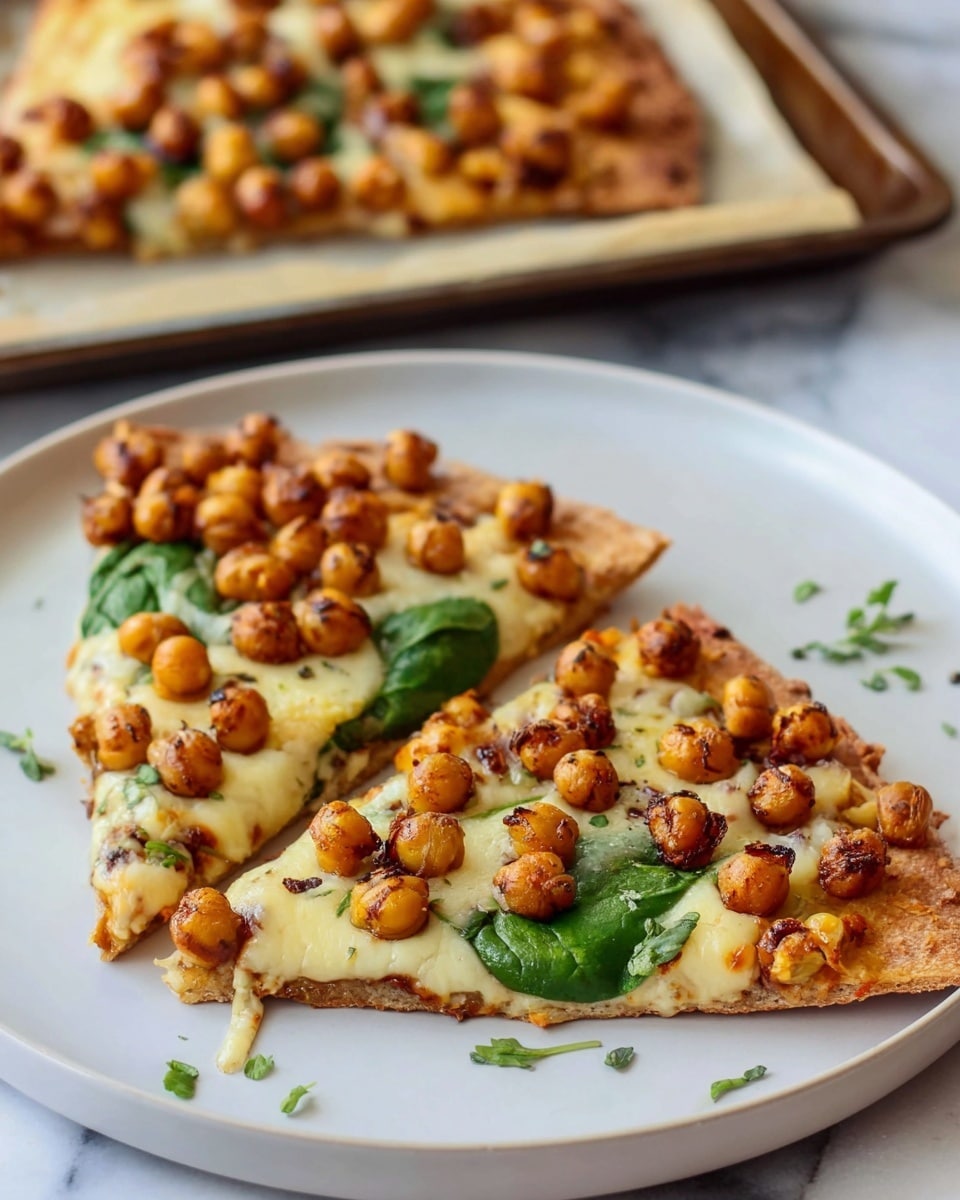 The image shows two slices of pizza on a white plate, placed on a white marbled surface. The pizza has a thin crust with a light golden-brown color. The first layer is melted cheese, which is creamy and pale yellow. The next layer is roasted chickpeas that are golden brown and slightly crispy, spread evenly on top of the cheese. Fresh, bright green spinach leaves are scattered between the chickpeas, adding a fresh color contrast. Small bits of herbs garnish the pizza and the plate, enhancing its look. In the background, there is a baking tray with more chickpeas, slightly out of focus. photo taken with an iphone --ar 4:5 --v 7