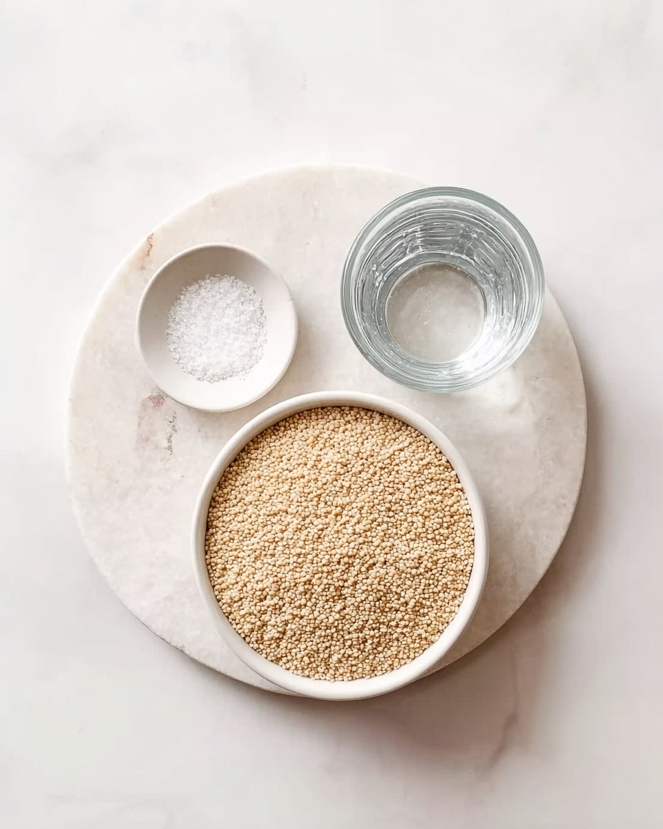 The image shows three small containers placed on a white marbled surface. The largest container is a white bowl filled with small beige grains, which have a slightly round and smooth texture. Next to it, there is a small clear glass cup filled with clear water. Below these two, there is a small white bowl holding a few grains of white salt. The overall look is clean and simple, and the containers are neatly arranged in a triangular shape. photo taken with an iphone --ar 4:5 --v 7