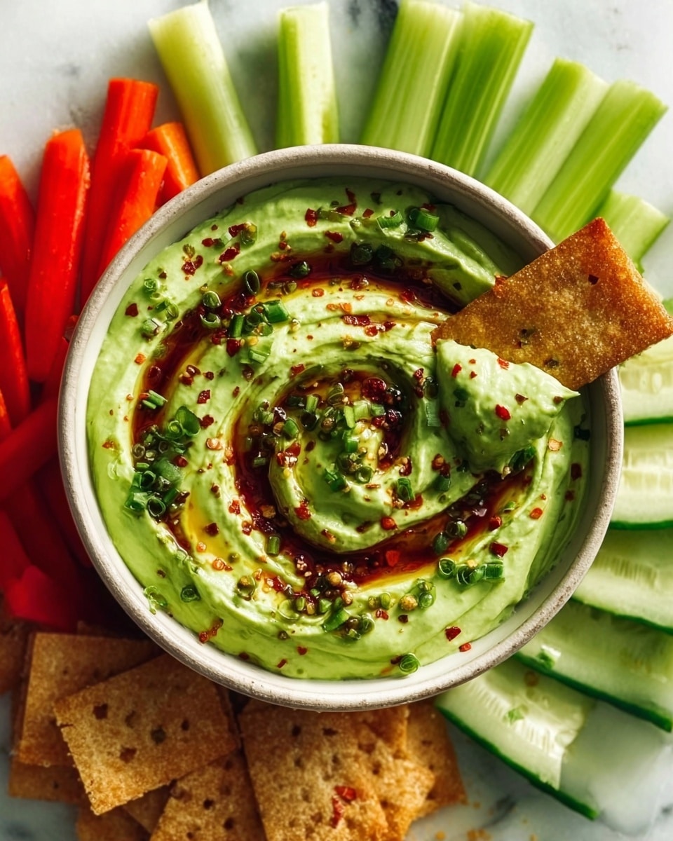 A bowl of bright green creamy dip swirled with a dark red sauce, sprinkled with small green herbs and red spice flakes, sitting in the middle of a round white bowl. Around the bowl, there are red carrot sticks standing upright, light green celery sticks laid flat, green cucumber slices, and square light brown crackers resting near the bowl. One cracker is dipped into the green dip on the right side. All this is on a white marbled surface. photo taken with an iphone --ar 4:5 --v 7