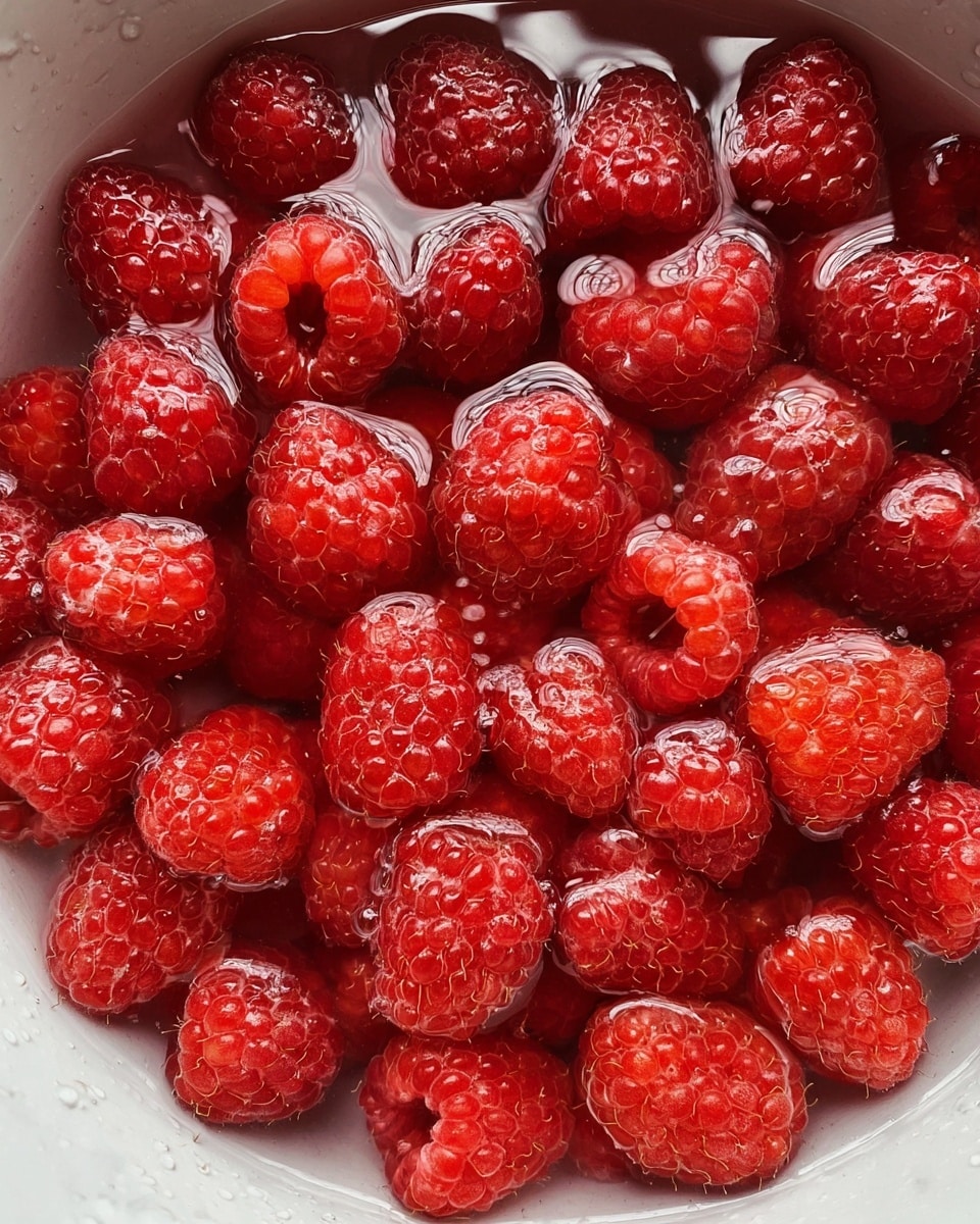 This close-up image shows many bright red raspberries floating in clear water inside a white bowl. The raspberries are fresh with small, round drupelets making up their texture, some appearing more rounded and others slightly elongated. The water reflects light, creating shiny spots on the raspberries' surfaces. The white bowl edges are slightly visible around the berries, and the background shows a white marbled texture. photo taken with an iphone --ar 4:5 --v 7