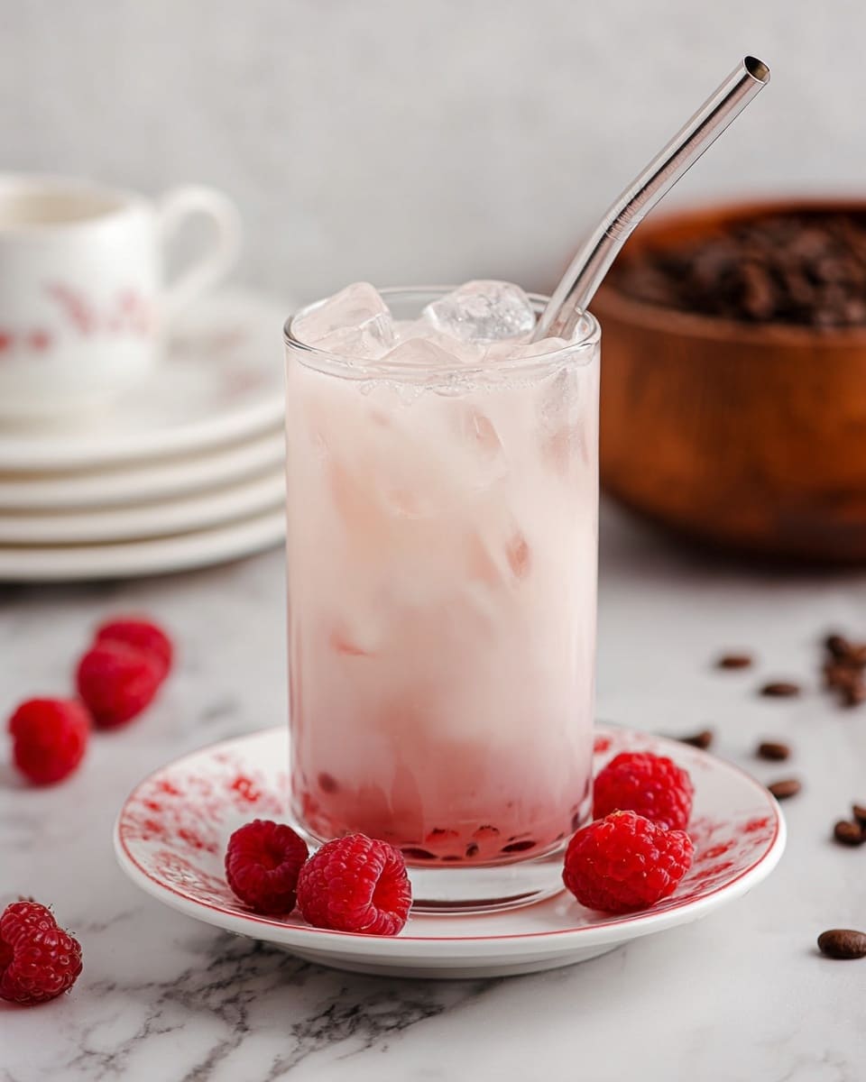 A clear glass filled with pale pink iced drink and visible ice cubes inside sits on a white saucer with red floral pattern. The drink has a light rosy tint with a slightly deeper pink layer settled at the bottom. A silver metal straw leans inside the glass. Around the glass on a white marbled surface are fresh red raspberries and scattered dark brown coffee beans. The background includes slightly blurred white plates stacked on the left and a wooden bowl on the right. Photo taken with an iphone --ar 4:5 --v 7