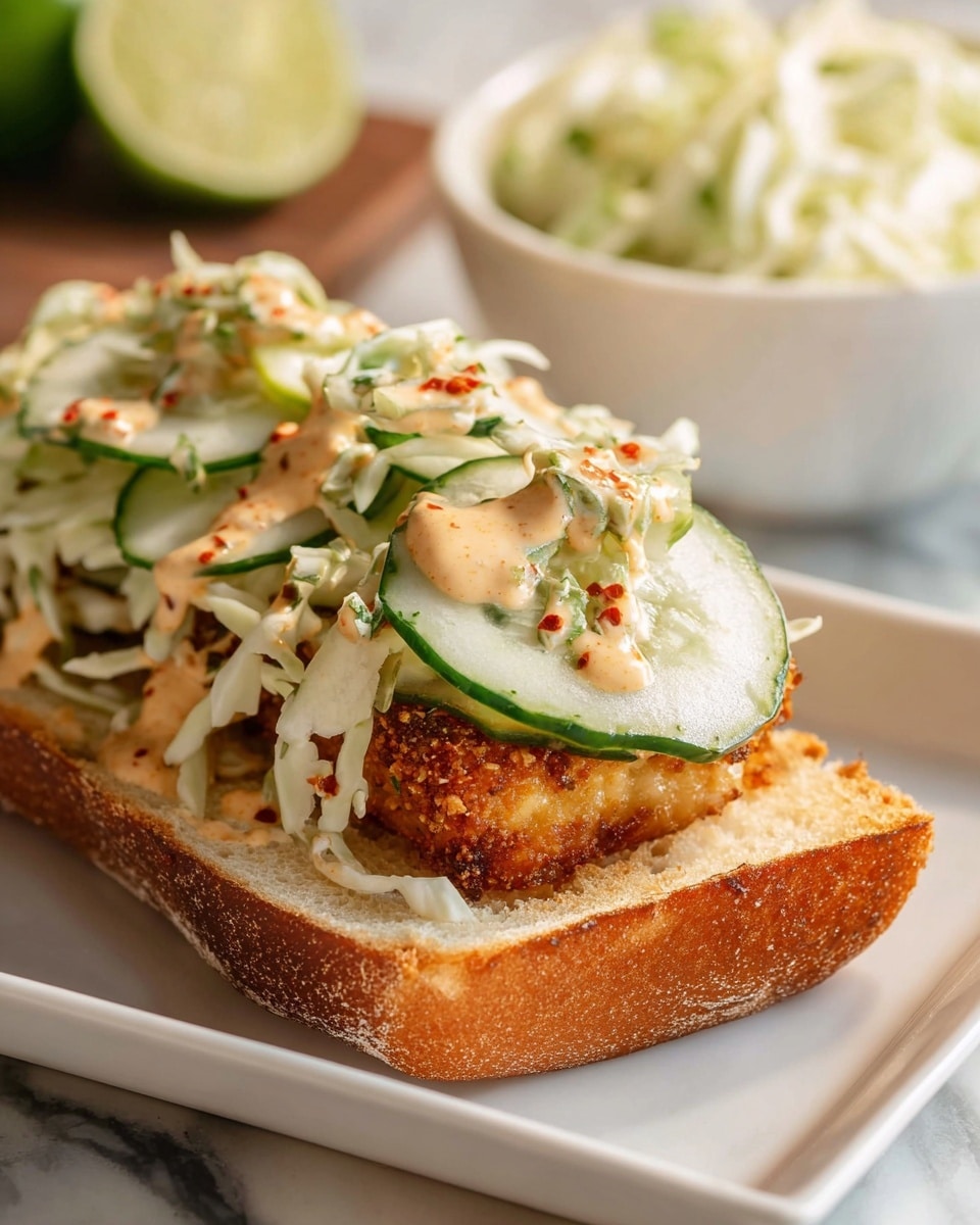 The image shows a sandwich on a white rectangular plate set on a white marbled surface. The sandwich has three main layers: the bottom layer is a toasted bread roll open flat with a golden-brown crispy patty on top; the second layer consists of thinly sliced cucumber rounds and shredded white cabbage; the top layer drizzles a creamy, light brown sauce with green herbs and small red flakes. In the background, parts of a white bowl with shredded cabbage and lime wedges are visible. Photo taken with an iphone --ar 4:5 --v 7