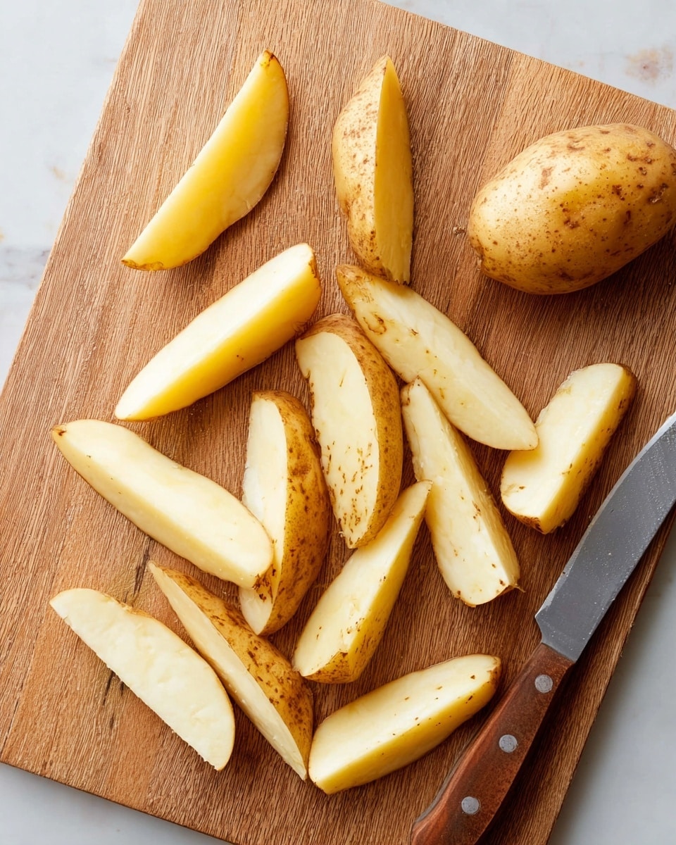 A wooden board with several raw potato wedges scattered on it, showing light brown skin with some speckles and white interior flesh. The wedges vary slightly in size and are thick with smooth, clean edges. One whole potato is placed near the top right corner, and a knife with a wooden handle and metal blade lies at the bottom right. The setting includes a white marbled surface beneath the board. photo taken with an iphone --ar 4:5 --v 7