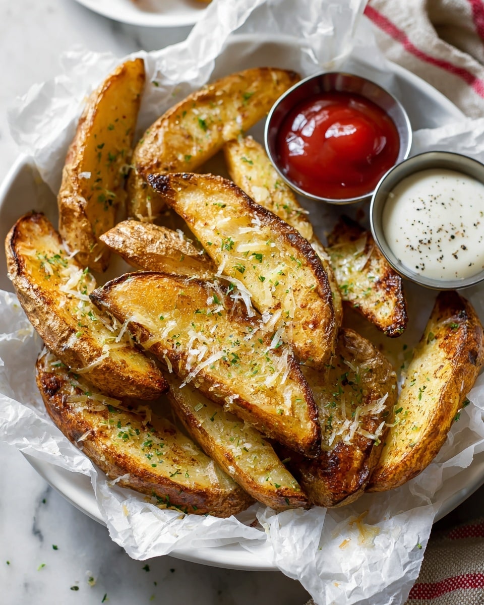 A white round shallow bowl lined with crumpled white parchment paper is filled with about ten golden-brown potato wedges, each sprinkled with finely chopped green herbs and grated pale yellow cheese. The wedges have a crispy texture with some darker brown edges, showing a mix of smooth and slightly rough potato skin. Two small silver dipping cups rest near the top right edge; one contains thick red ketchup with a smooth surface, and the other has a white creamy sauce with black pepper specks, in which one potato wedge is dipped. The bowl is placed on a white marbled surface, with just a hint of a striped cloth visible in the top right corner. photo taken with an iphone --ar 4:5 --v 7
