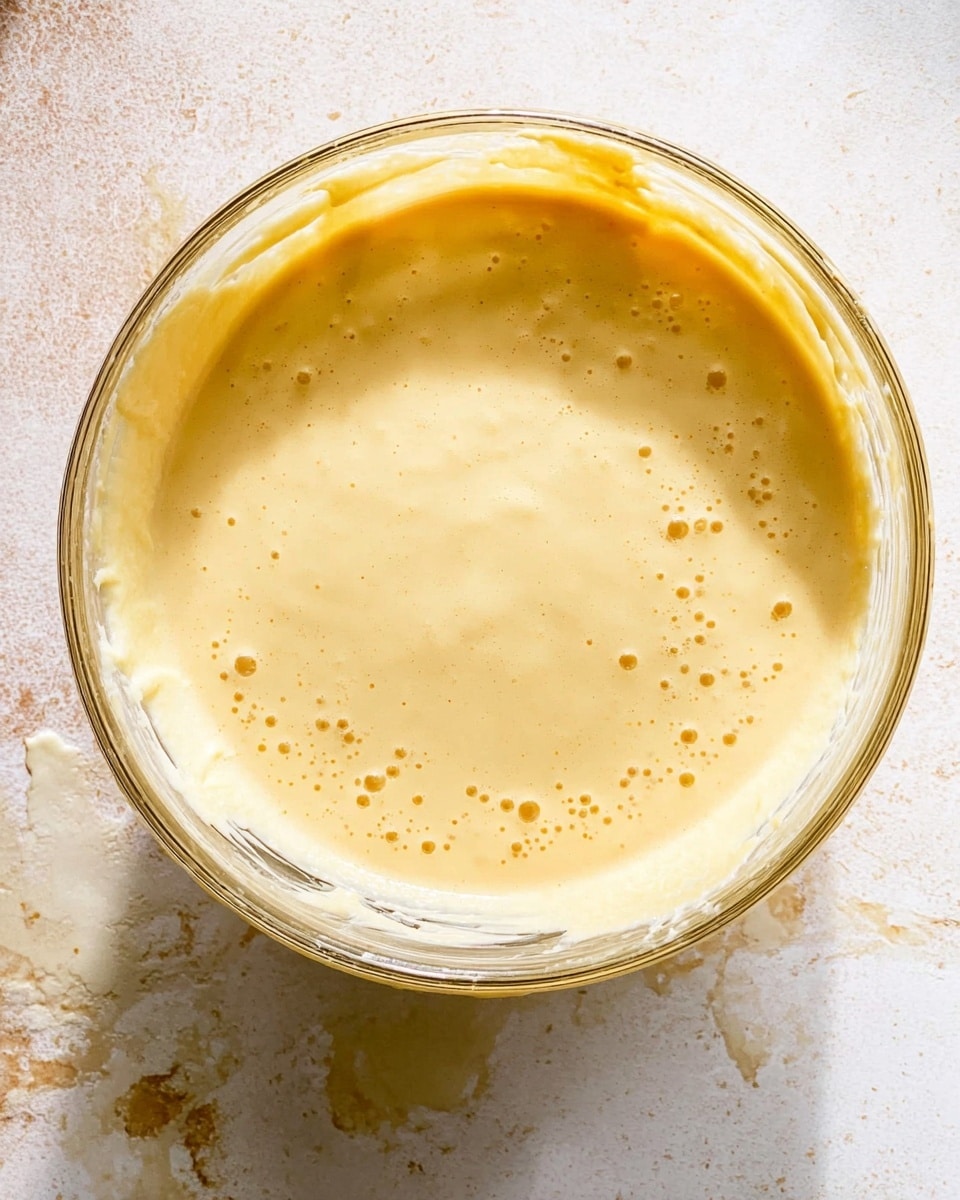 A clear glass bowl filled with smooth, creamy batter of light yellow color with a few small bubbles on the surface, the batter coating the sides of the bowl unevenly, sitting on a white marbled textured surface with some splashes and spots around it, photo taken with an iphone --ar 4:5 --v 7
