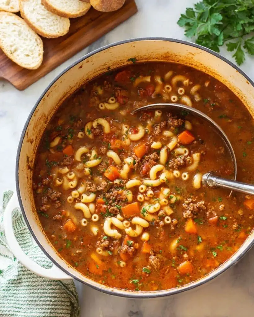 One Pot Beef and Tomato Macaroni Soup Recipe