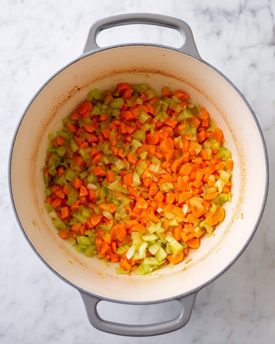 A white pot with gray handles sits on a white marbled surface. Inside the pot, there is a single layer of small, chopped vegetables with lots of bright orange carrot pieces and light green celery bits mixed in. The vegetables look soft and slightly cooked, spread evenly across the bottom of the pot. The inside of the pot is clean, with just a little bit of light brown residue along the bottom edges. Photo taken with an iphone --ar 4:5 --v 7