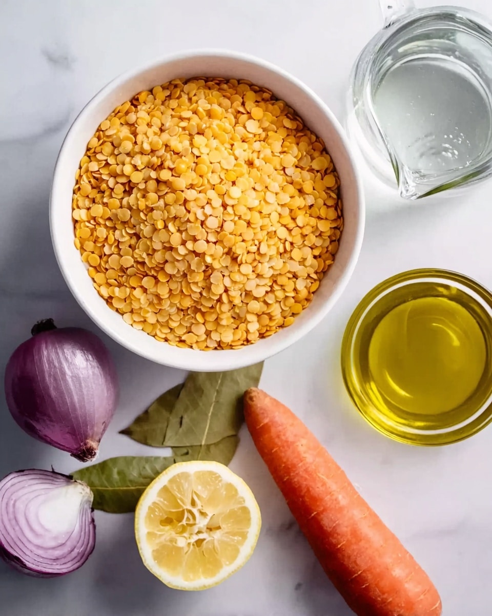 A white bowl filled with yellow split lentils sits on a white marbled surface. Nearby, an orange carrot lies diagonally, with a halved yellow lemon showing its seeds to the right. A whole purple onion is placed to the left of the carrot. A clear glass pitcher of water and a small clear glass bowl of olive oil are also arranged on the surface, with one green bay leaf near the lemon. photo taken with an iphone --ar 4:5 --v 7