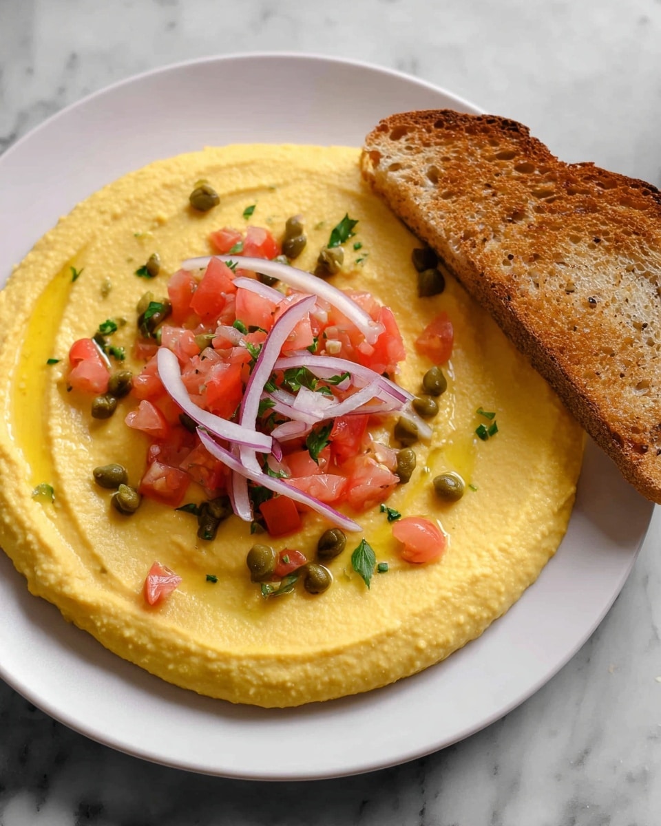 A white plate with a thick layer of smooth yellow hummus spread evenly, topped with a small pile of thin, light purple onion slices, bright red diced tomatoes, and small green capers scattered in the center. A toasted piece of brown bread is partially dipped into the hummus on the right side. The background is a white marbled surface. Photo taken with an iphone --ar 4:5 --v 7